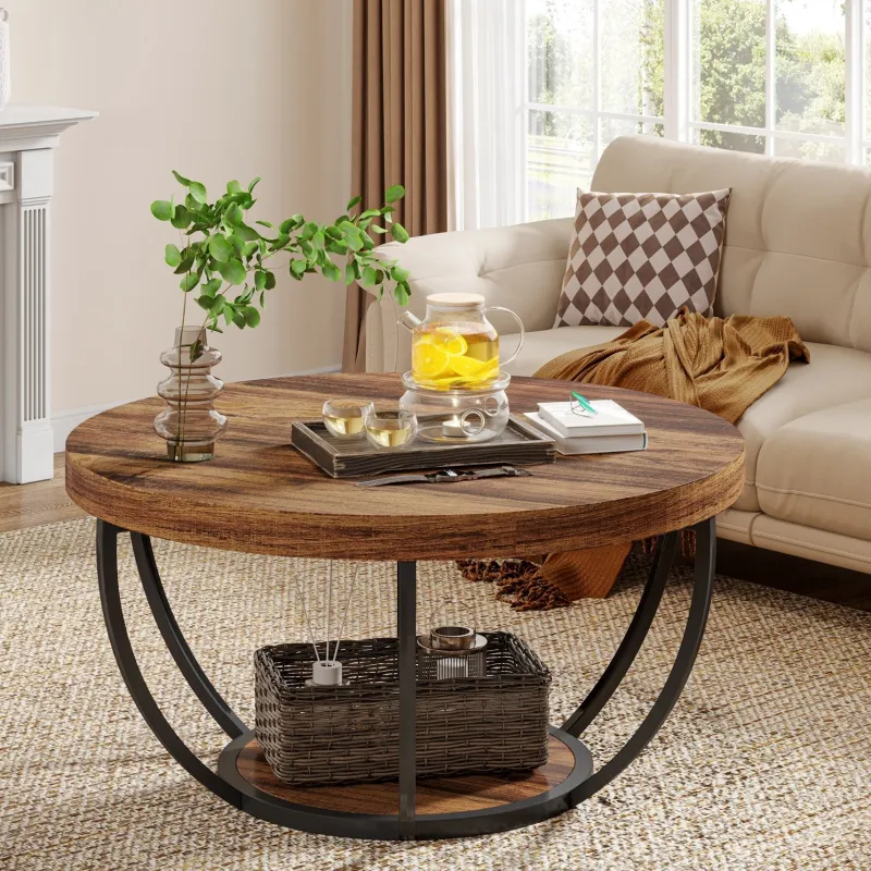 Tribesigns Coffee Tables*Wooden Coffee Table, 2-Tier Round Central Cocktail Table with Shelves