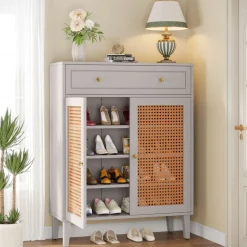 Tribesigns Shoe Racks & Cabinets|Shoe Racks & Cabinets*Wooden Shoe Cabinet, Rattan Shoe Organizer with Doors and Drawer