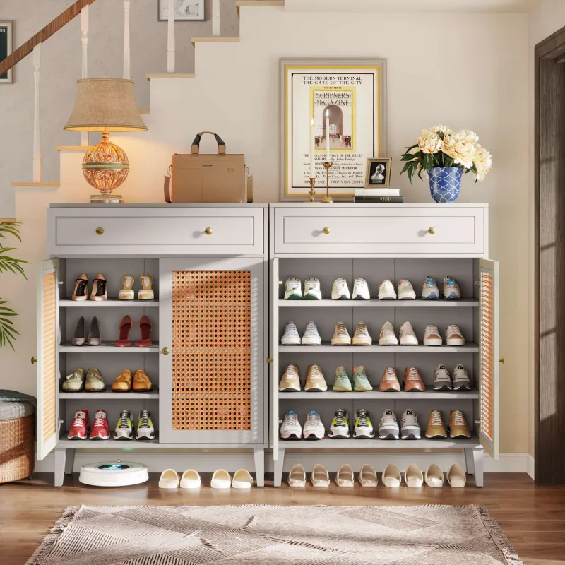 Tribesigns Shoe Racks & Cabinets|Shoe Racks & Cabinets*Wooden Shoe Cabinet, Rattan Shoe Organizer with Doors and Drawer